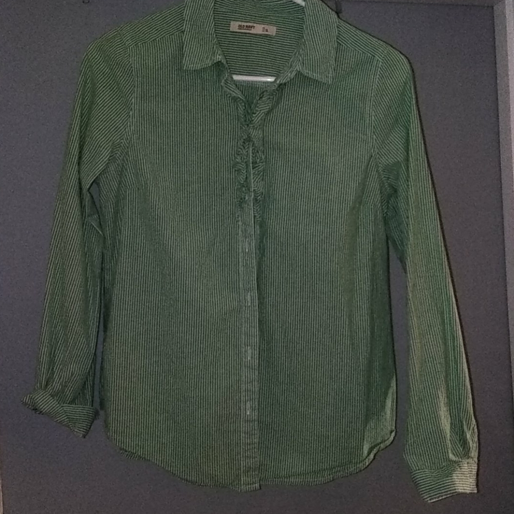 Green and white striped button up.